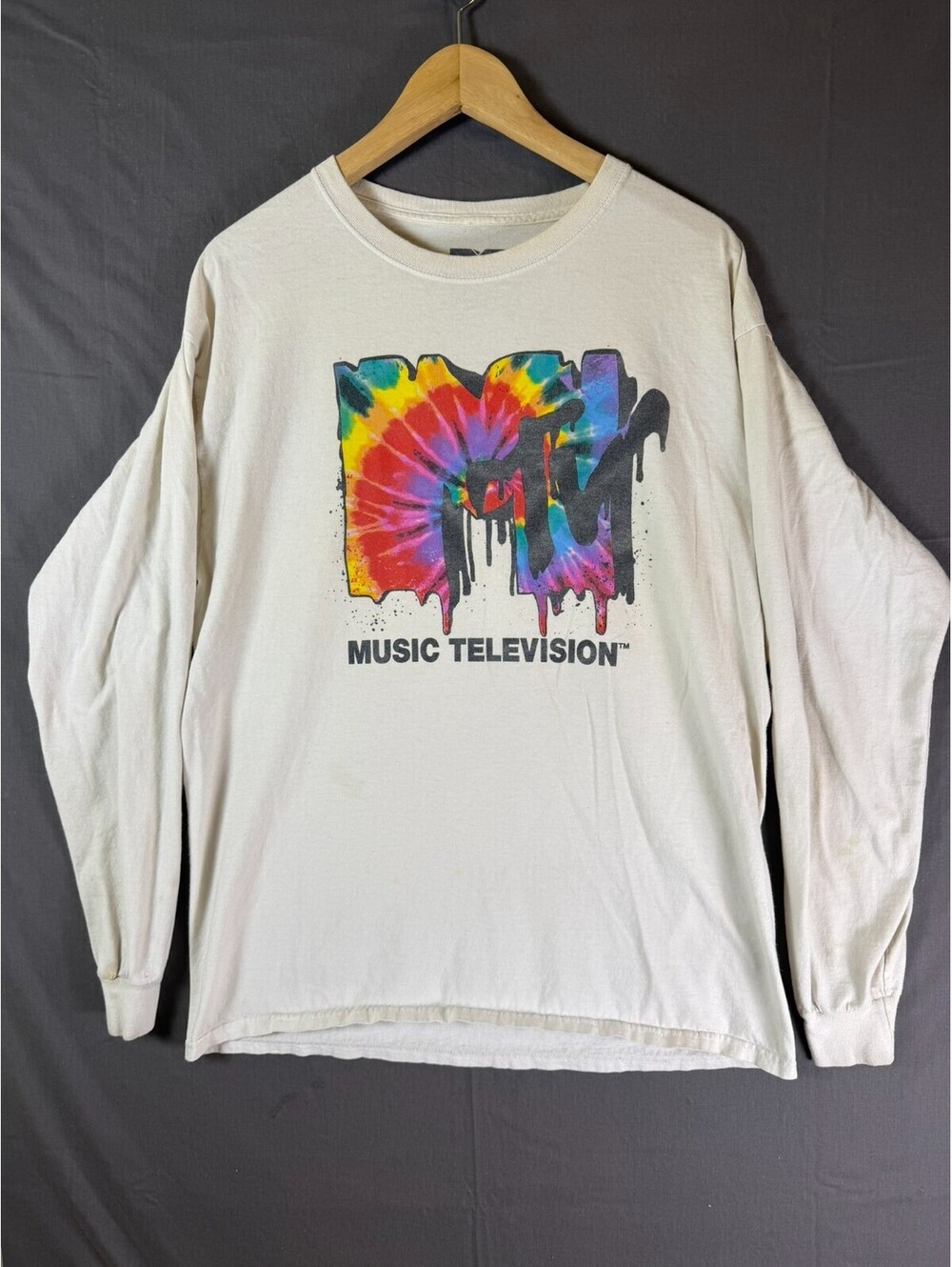 MTV Mens LLong Sleeve T Shirt Tie Dye Dripping Paint Graphic Off White Vintage